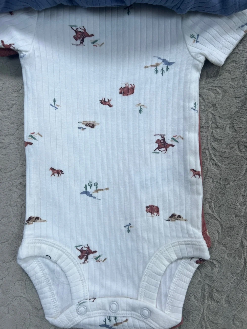 Carter's 3 piece Blue Ribbed 'This Is My First Rodeo' Baby One-Piece, & two more